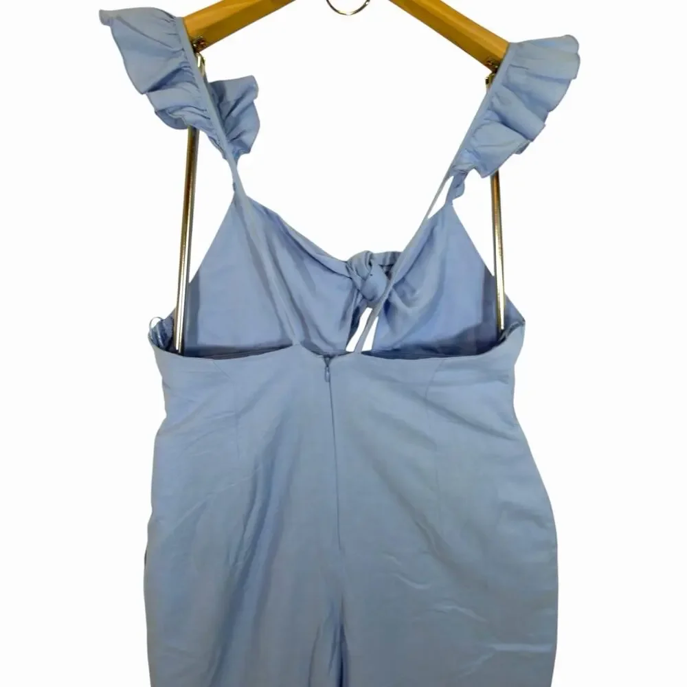 Zara Cottagecore Linen Blend Blue Cutout Wide Leg Romper Sz L Ruffle and Cut-Out